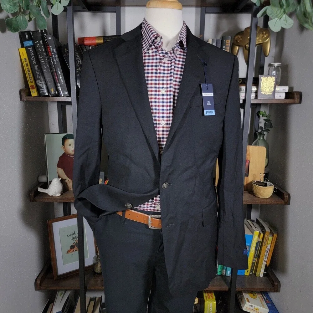 Stafford Men's Hopsack Blazer Two Silver Button Black Wool Blend Classic 42L